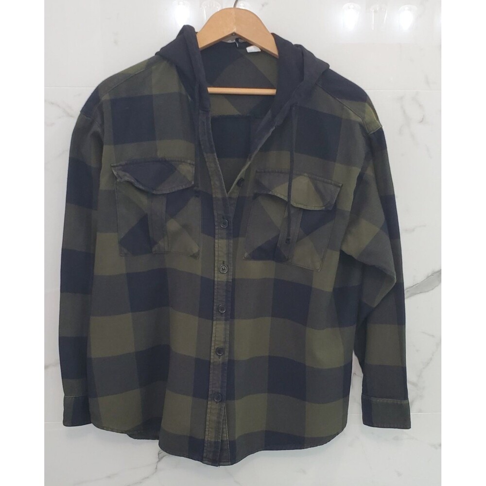Divided H&M Army Green Black Plaid Hooded Flannel - Size Small
